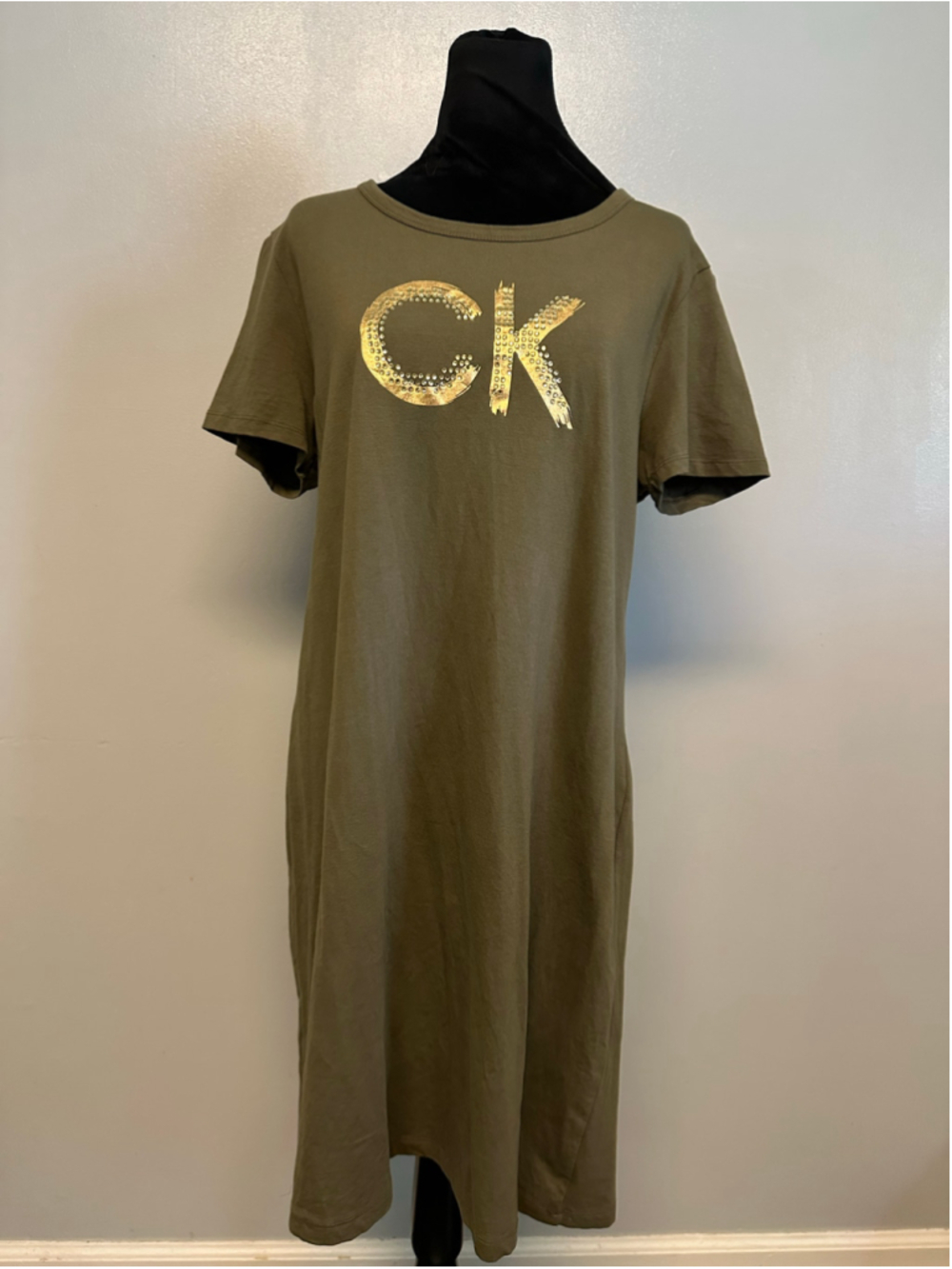 Calvin Klein Olive Gold Logo Short Sleeve T-Shirt Dress Women’s Size XL